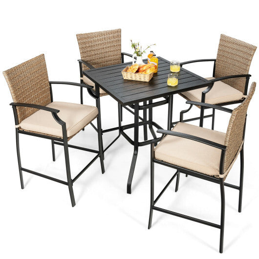 5 Pieces Outdoor Rattan Bistro Bar Stool Table Set with Cushions - Minihomy