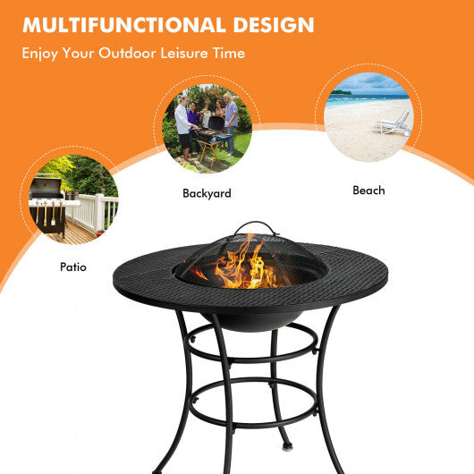 31.5 Inch Patio Fire Pit Dining Table With Cooking BBQ Grate - Color: Black - Minihomy