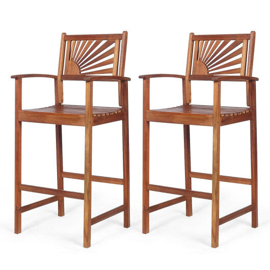 2 Pieces Outdoor Acacia Wood Bar Chairs with Sunflower Backrest and Armrests - Minihomy