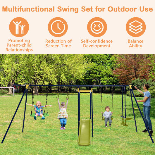 7-in-1 Stable A-shaped Outdoor Swing Set for Backyard - Color: Blue - Minihomy