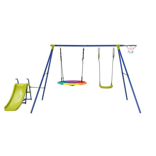 4-in-1 Heavy-Duty Metal Playset with Slide and Basketball Hoop - Color: Multicolor - Minihomy