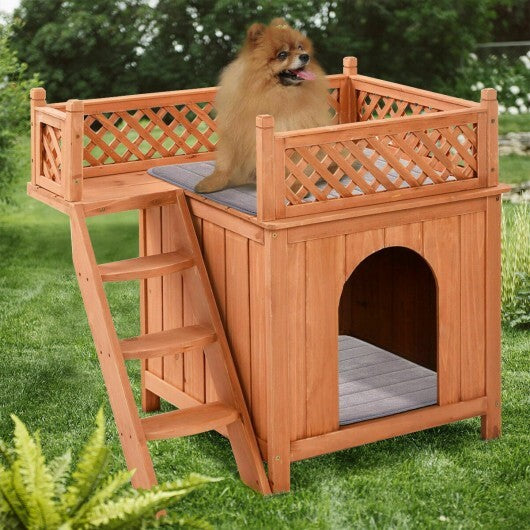 Wooden Dog House with Stairs and Raised Balcony for Puppy and Cat - Color: Brown