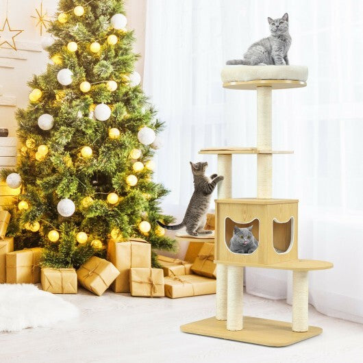 4 Levels Modern Wood Cat Tower with Washable Mats-Walnut