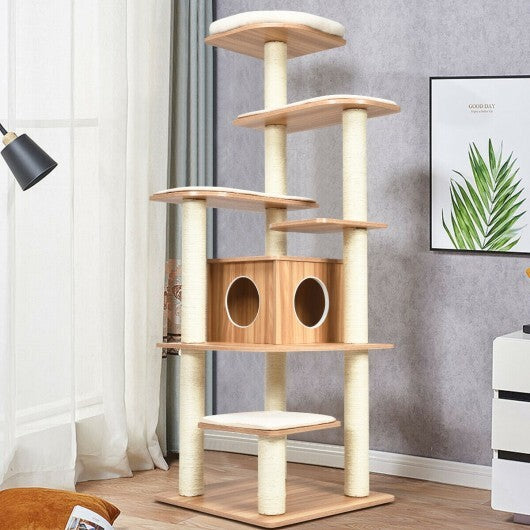 7-Layer Wooden Cat Tree Tall Cat Tower with Sisal Posts and Condo-Natural - Color: Natural - Minihomy