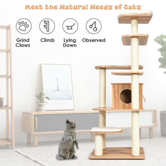 7-Layer Wooden Cat Tree Tall Cat Tower with Sisal Posts and Condo-Natural - Color: Natural - Minihomy