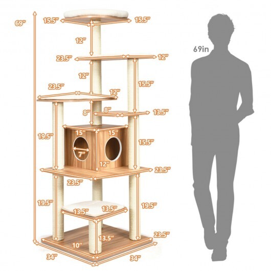 7-Layer Wooden Cat Tree Tall Cat Tower with Sisal Posts and Condo-Natural - Color: Natural - Minihomy