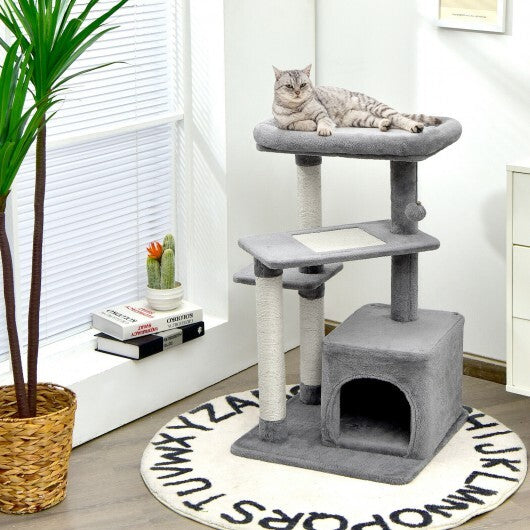 Cat Tree with Perch and Hanging Ball for Indoor Activity Play and Rest-Gray - Color: Gray - Minihomy