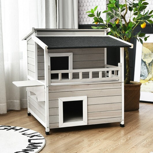 2-Story Wooden Patio Luxurious Cat Shelter House Condo with Large Balcony - Color: Gray