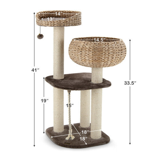 41 Inch Rattan Cat Tree with Napping Perch-Beige - Color: Beige - Minihomy