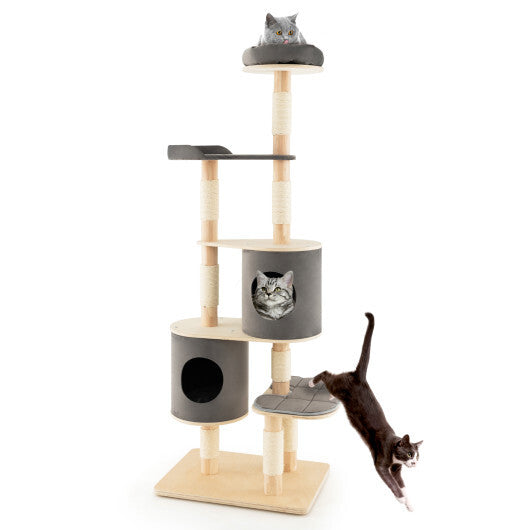 6-Tier Wooden Cat Tree with 2 Removeable Condos Platforms and Perch-Gray - Color: Gray - Minihomy