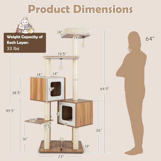 Modern Wooden Cat Tree with Perch Condos and Washable Cushions-Natural - Color: Natural - Minihomy