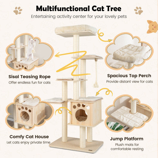 67 Inch Modern Cat Tree Tower with Top Perch and Sisal Rope Scratching Posts-Natural - Color: Natural - Minihomy