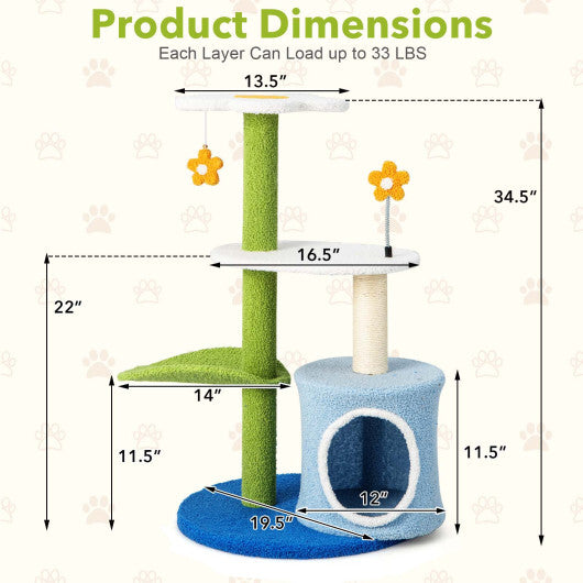 34.5 Inch 4-Tier Cute Cat Tree with Jingling Balls and Condo-Blue - Color: Blue - Minihomy