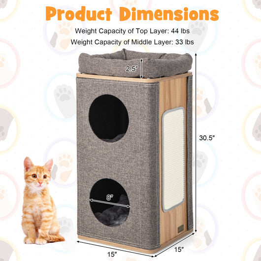 3-Story Cat House with Scratching Board for Indoor Cats - Color: Gray - Minihomy