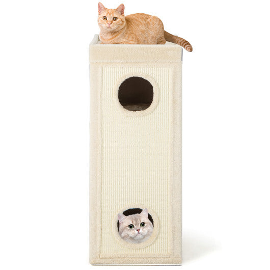 39" Tall Cat Condo with Scratching Posts and 3 Hideaways and 4 Soft Plush Cushions-Natural - Color: Natural - Minihomy