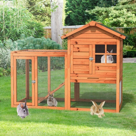 2-Story Wooden Rabbit Hutch with Running Area-Natural - Color: Natural - Minihomy