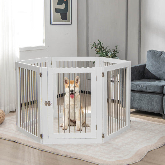 Freestanding 6-Panel Dog Gate with 4 Support Feet for Stairs-White - Color: White