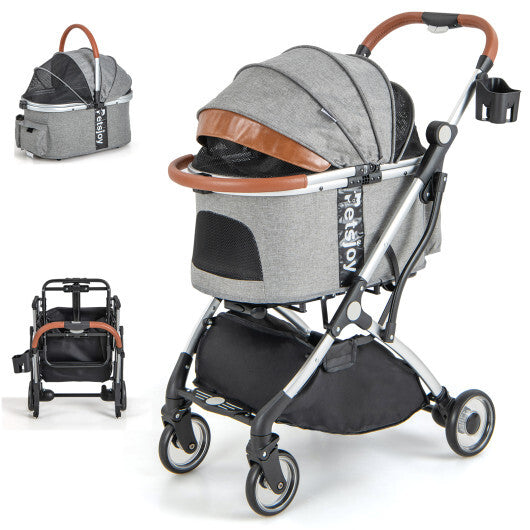 Foldable Dog Cat Stroller with Removable Waterproof Cover-Dark Gray - Color: Dark Gray