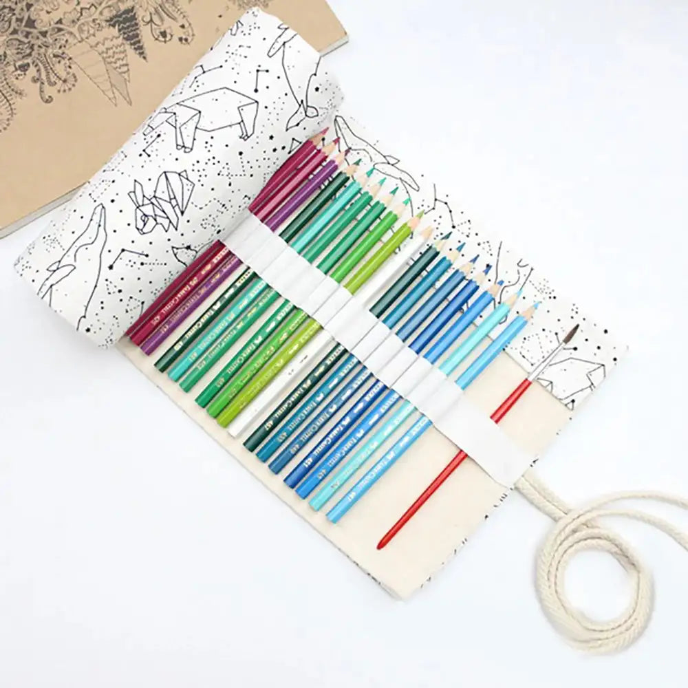 Holes Big Capacity Pencil Case School Canvas Roll Pouch Colored Pencils Box Constellation Sketch Brush Pen Bag - Minihomy