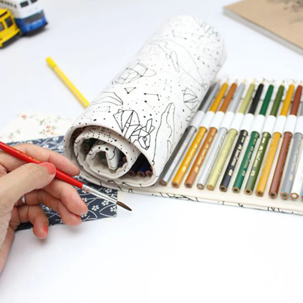 Holes Big Capacity Pencil Case School Canvas Roll Pouch Colored Pencils Box Constellation Sketch Brush Pen Bag - Minihomy