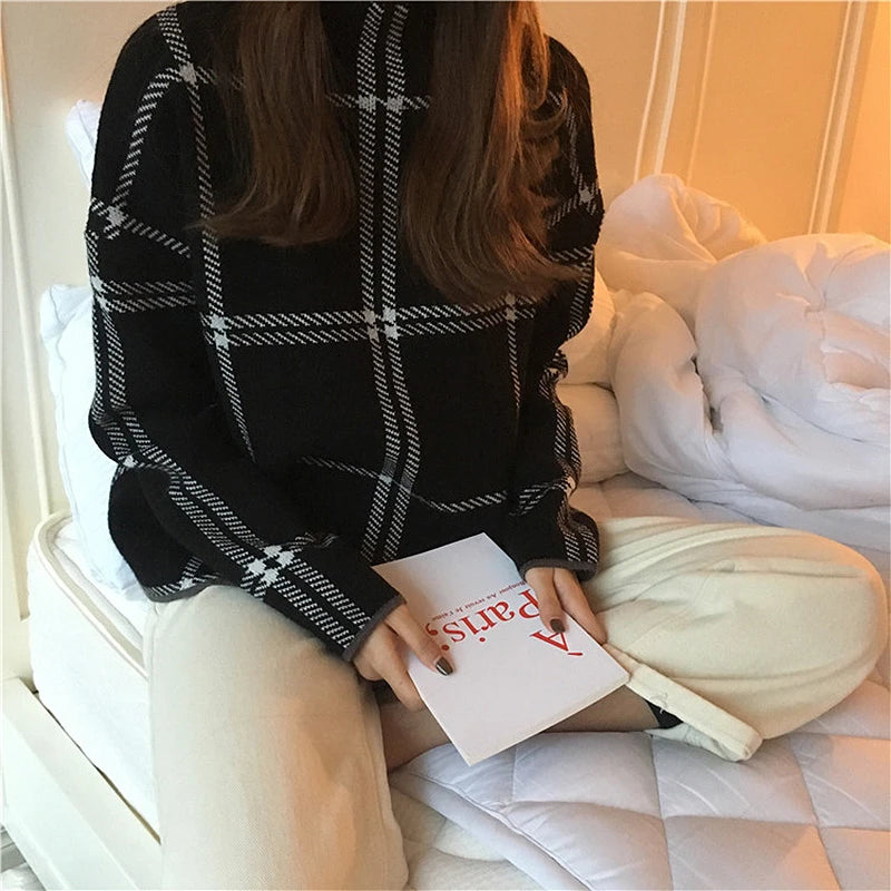 Core-spun high neck plaid sweater sweater top women - Minihomy