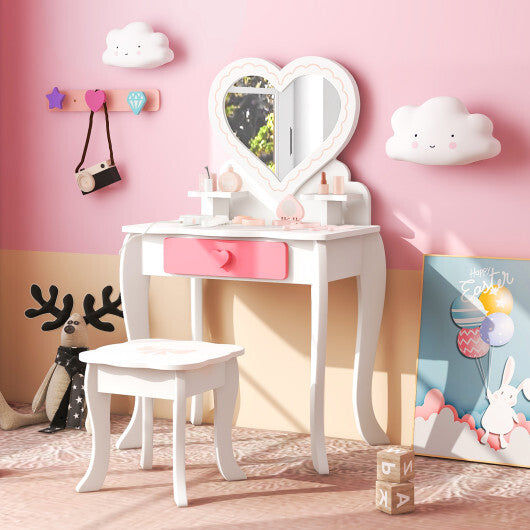 Kids Vanity Set with Heart-shaped Mirror-White - Color: White