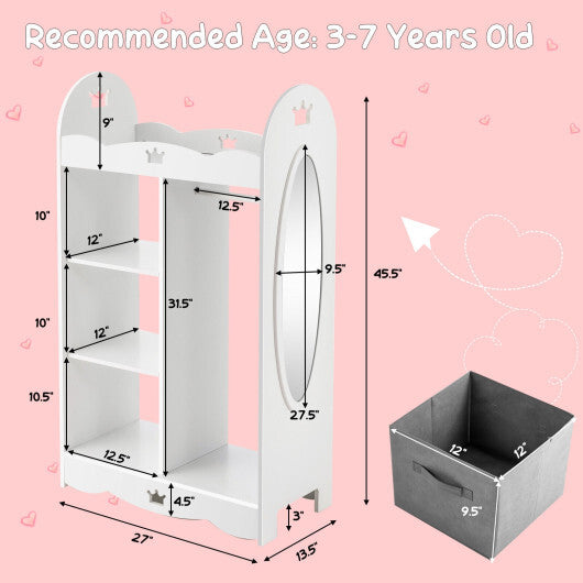 Kids Dress up Storage Costume Closet with Mirror and Toy Bins-White - Color: White