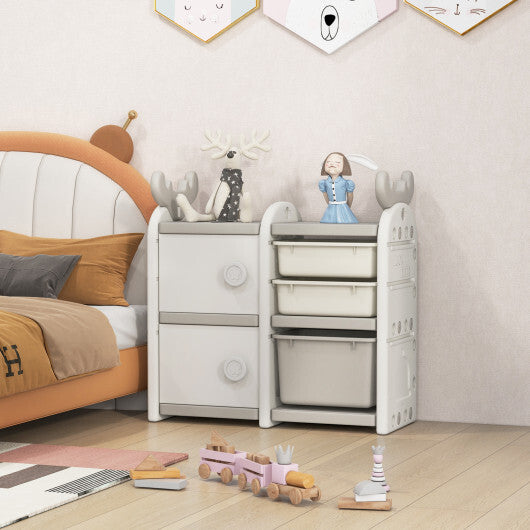 31 Inch Toy Chest and Bookshelf for Toddlers with Enclosed Cabinets and Pull-out Drawers - Color: Gray