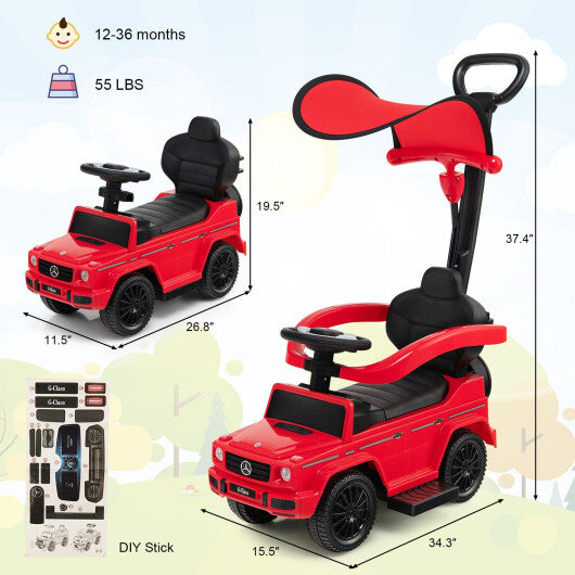 3-In-1 Ride on Push Car Mercedes Benz G350 Stroller Sliding Car with Canopy-Red - Color: Red - Minihomy