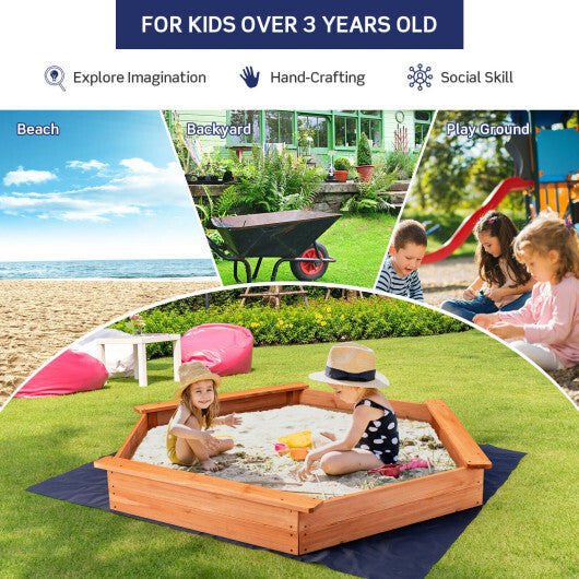 Hexagon Wooden Cedar Sand Box with Seat Boards - Color: Brown - Minihomy