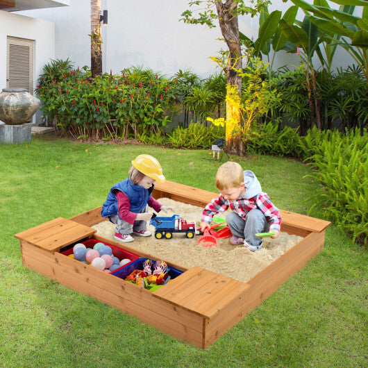 Kids Wooden Sandbox with Bench Seats and Storage Boxes