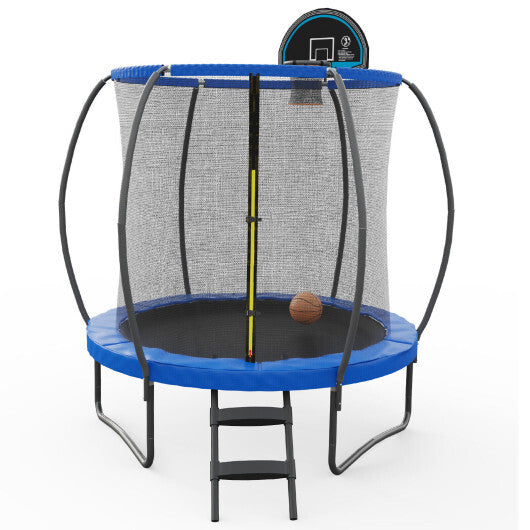 8 Feet Recreational Trampoline with Basketball Hoop and Net Ladder - Color: Blue - Size: 8 ft - Minihomy