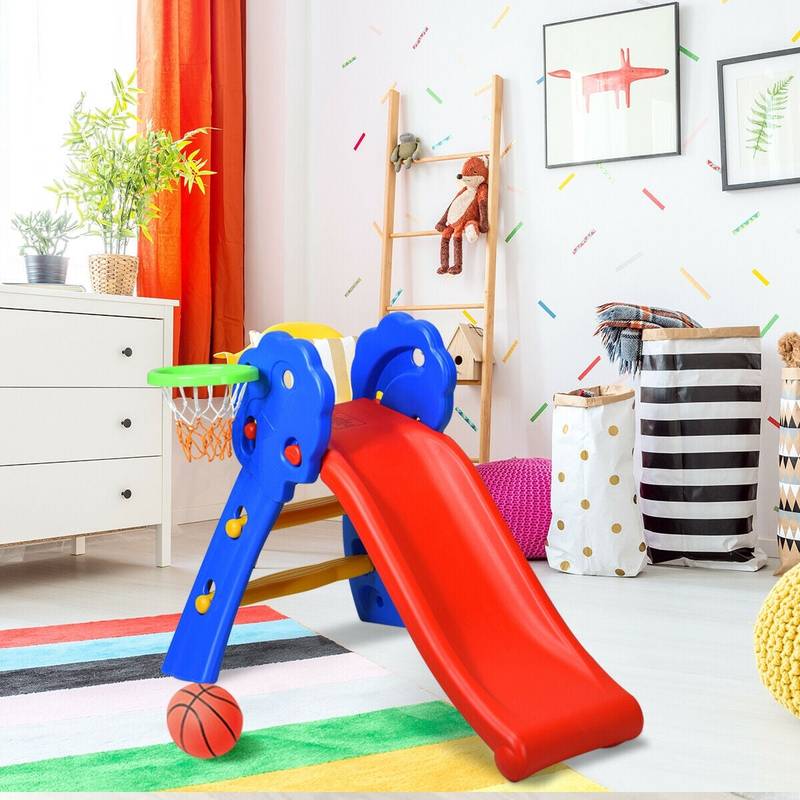 2 Step Indoors Kids Plastic Folding Slide with Basketball Hoop - Color: Multicolor - Minihomy