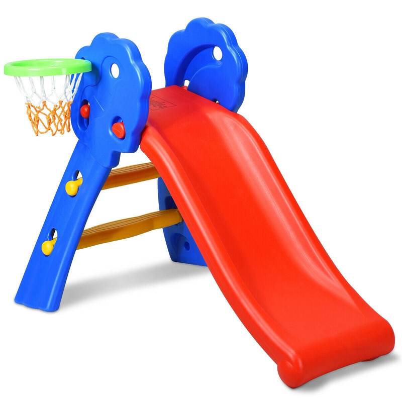 2 Step Indoors Kids Plastic Folding Slide with Basketball Hoop - Color: Multicolor - Minihomy