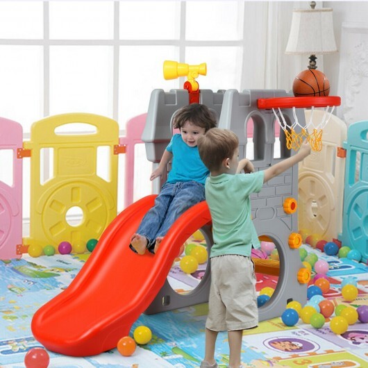 5 in 1 Toddler Climber Slide Playset with Basketball Hoop and Telescope - Color: Multicolor - Minihomy