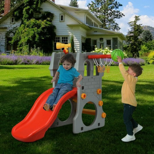 5 in 1 Toddler Climber Slide Playset with Basketball Hoop and Telescope - Color: Multicolor - Minihomy