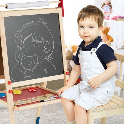 All-in-One Wooden Height Adjustable Kid's Art Easel with Magnetic Stickers and Paper - Minihomy