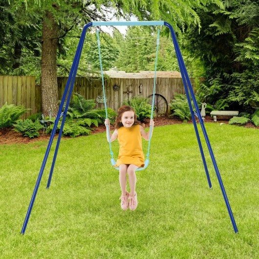 Outdoor Kids Swing Set with Heavy-Duty Metal A-Frame and Ground Stakes-Blue - Color: Blue