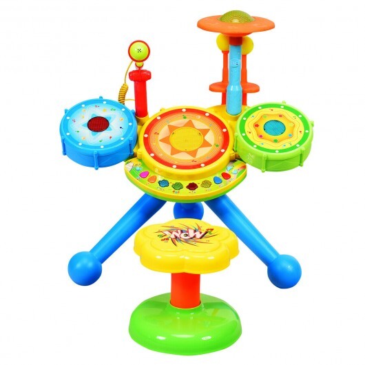 Kids Electric Jazz Drum Set with Stool Microphone and LED Light - Color: Multicolor - Minihomy