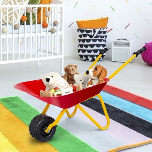 Outdoor Garden Backyard Play Toy Kids Metal Wheelbarrow-Red - Color: Red - Minihomy