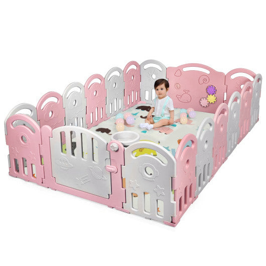 18-Panel Baby Playpen with Music Box & Basketball Hoop-Pink - Color: Pink - Minihomy