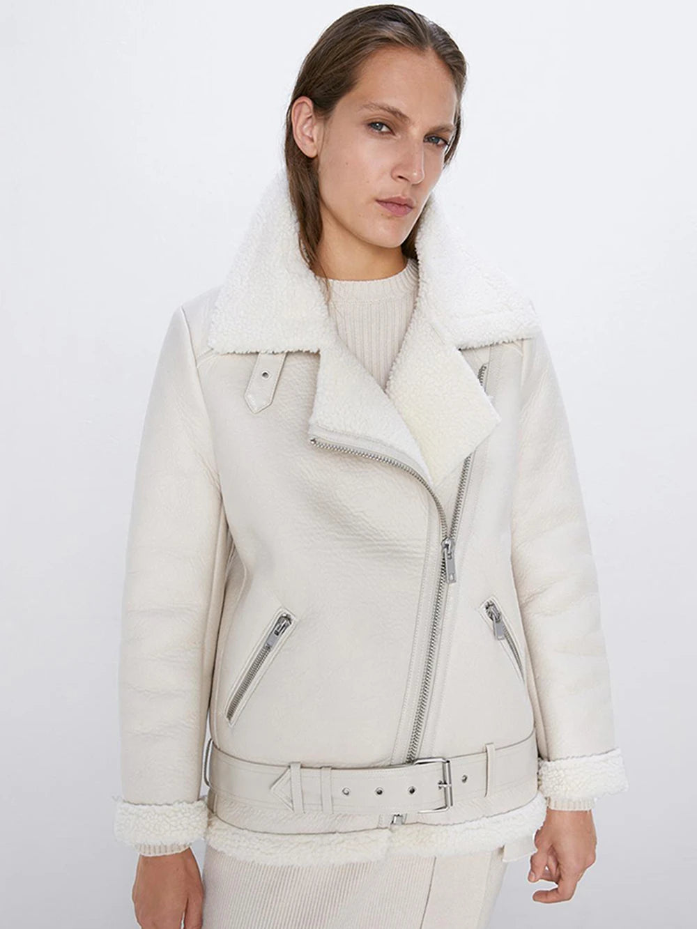 Thick and warm faux leather jacket Coat women's beige long-sleeved belt jacket