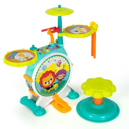 3 Pieces Electric Kids Drum Set with Microphone Stool Pedal - Color: Green - Minihomy