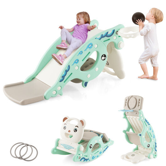 4-in-1 Kids Slide Rocking Horse with Basketball and Ring Toss-Green - Color: Green - Minihomy