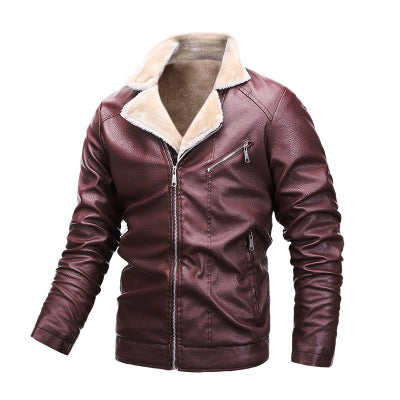 Men Stand Up Collar Plus Velvet Leather Casual - Minihomy