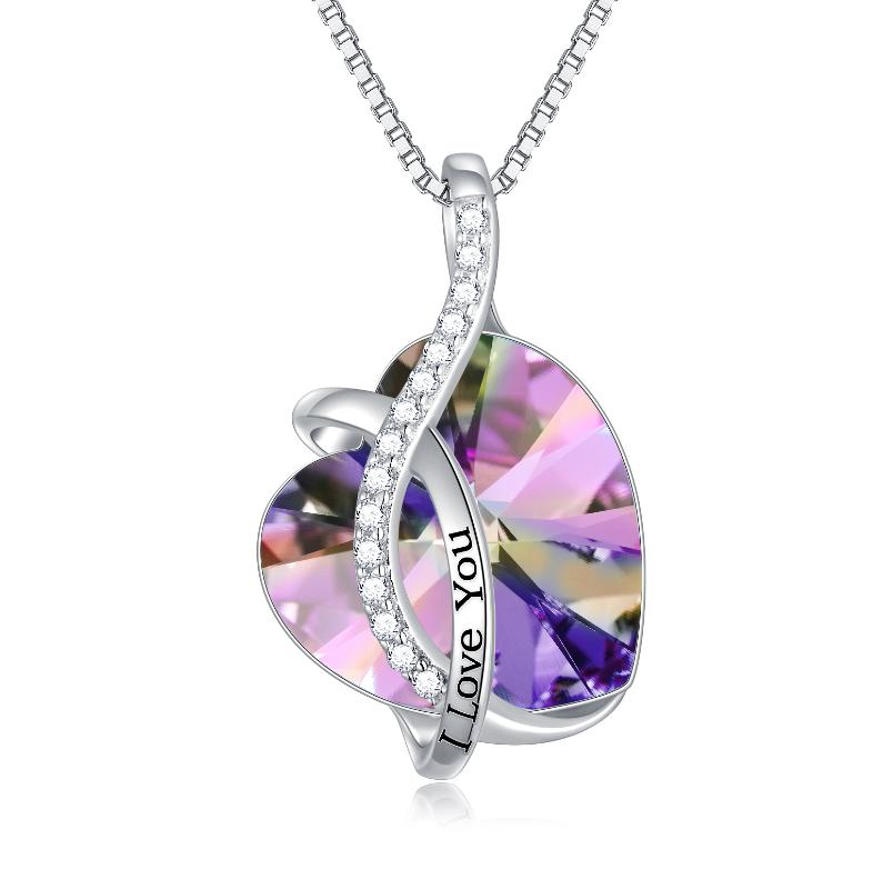 Sterling Silver Blue Purple Heart Pendant Necklace Embellished With Crystals From Austria Fine Anniversary Birthday Jewelry Gifts For Women