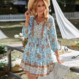 Boho Print Button V-Neck Long Sleeve Fringe Dress