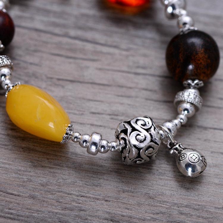 925 Sterling Silver Jewelry Vintage Amber Beeswax Ladies Handmade Bracelet - Minihomy