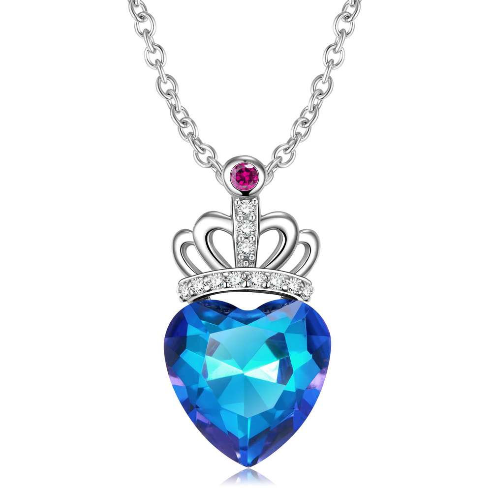 Blue Light Peach Heart Crown Necklace S925 Sterling Silver - Minihomy