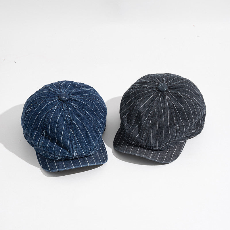 Japanese Retro Washed Denim Casual Striped Cap Women